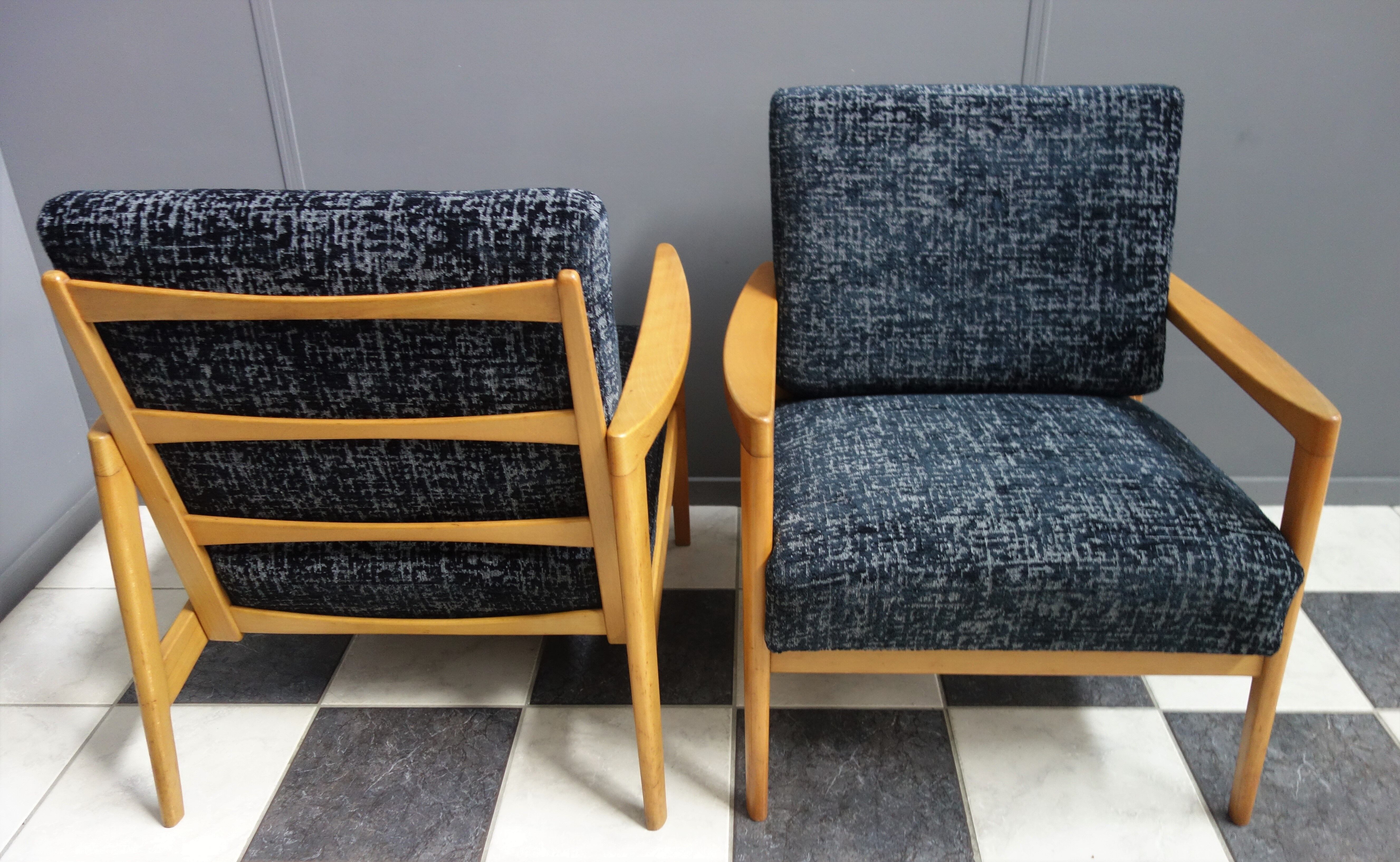 Black velvet-like fabric chairs in beech frame 1960s