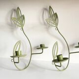 Wall Candle Holder, Green Metal Leaves