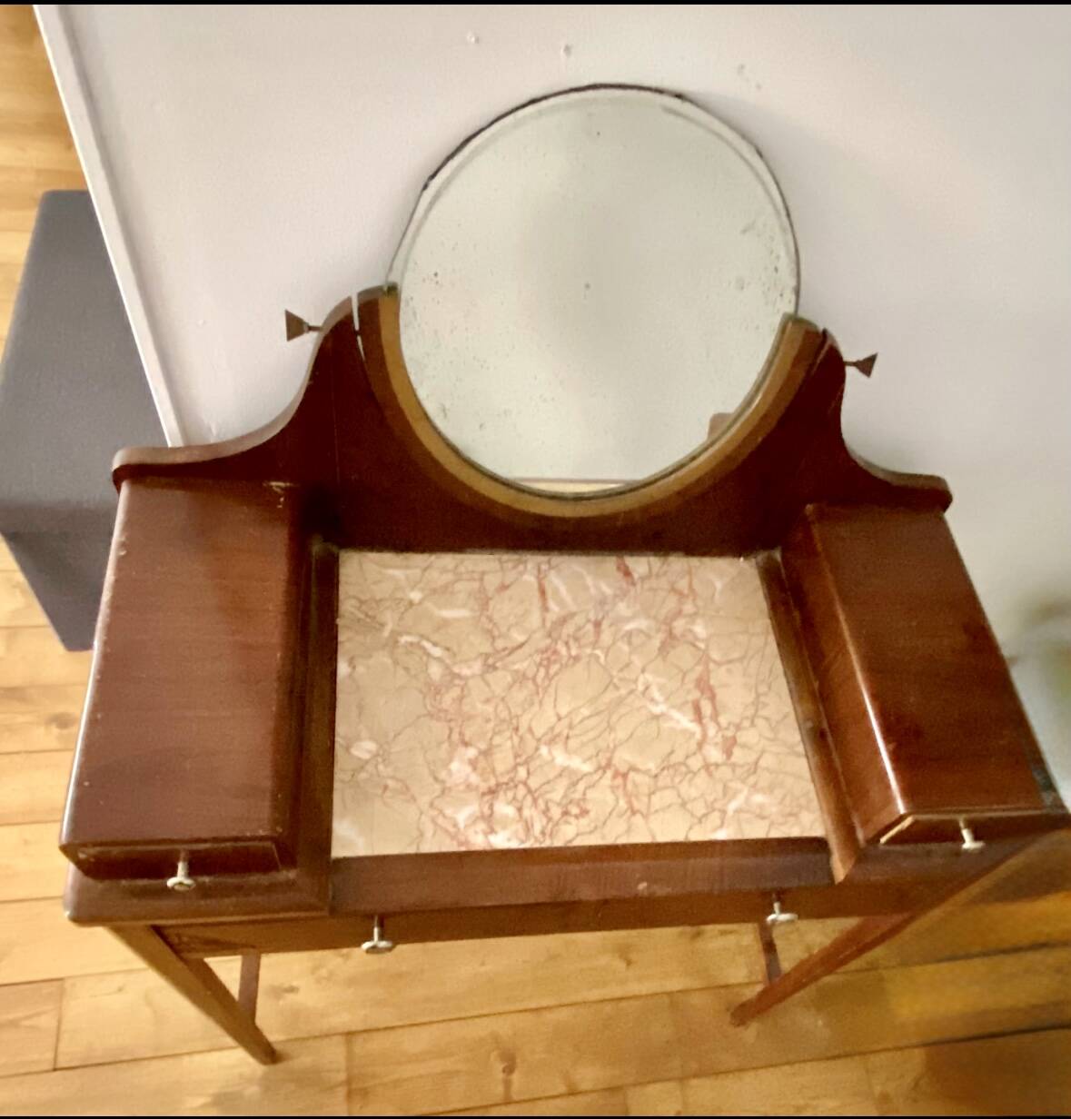 Antique solid wood dressing table – Early 20th century – Marble top & mirror