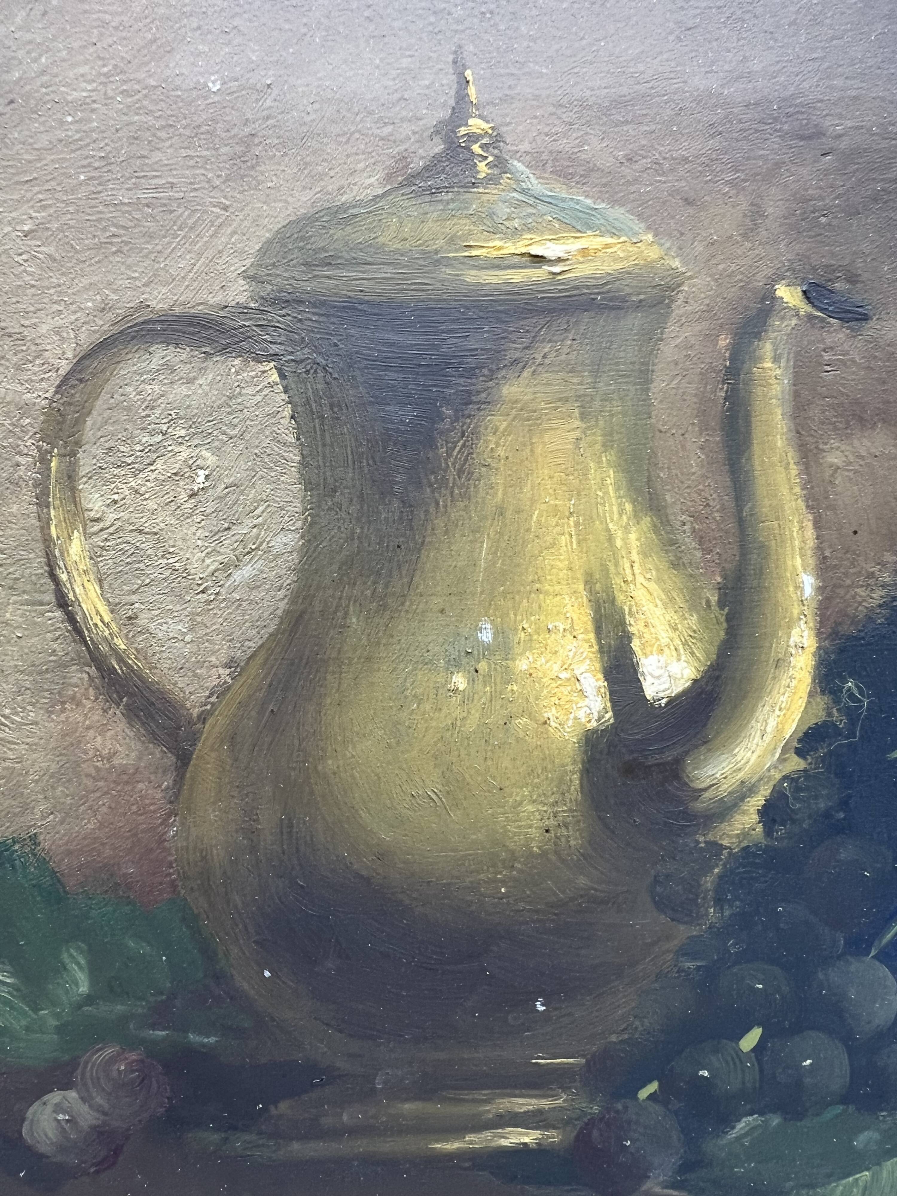 Still life painting with fruit and teapot