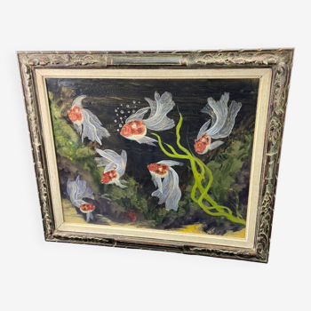 Painting 1949 oil on aluminum with fish signed Pierre RAFFY 1919-1986