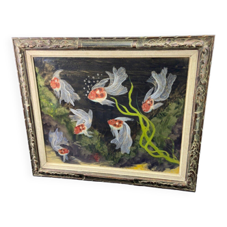 Tableau 1949 huile sur aluminium aux poissons signée Pierre RAFFY 1919-1986