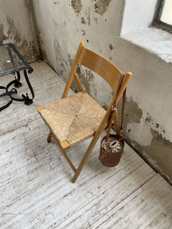 Chaise pliante hêtre et paille années 80
