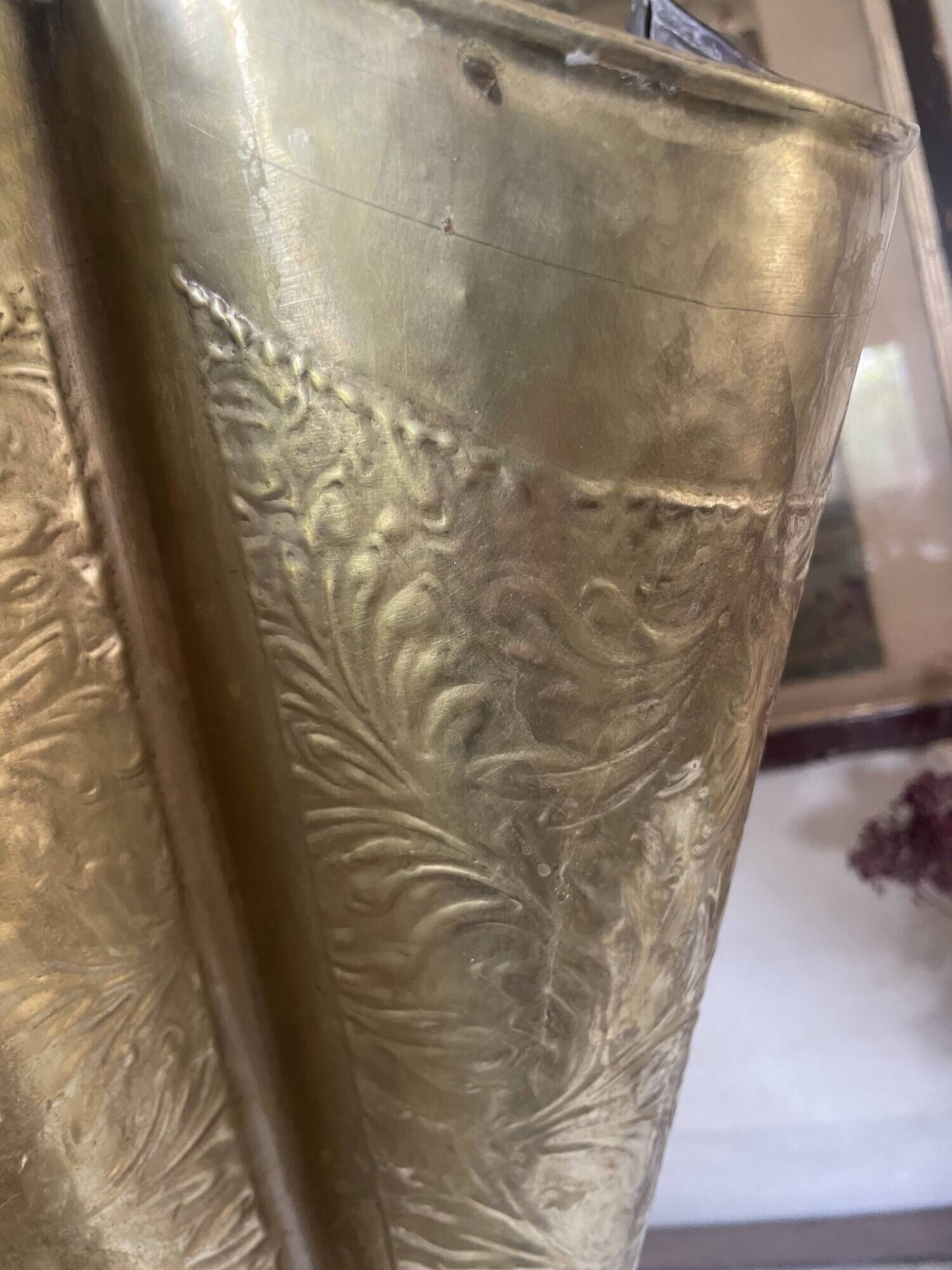 Antique repoussé brass umbrella stand