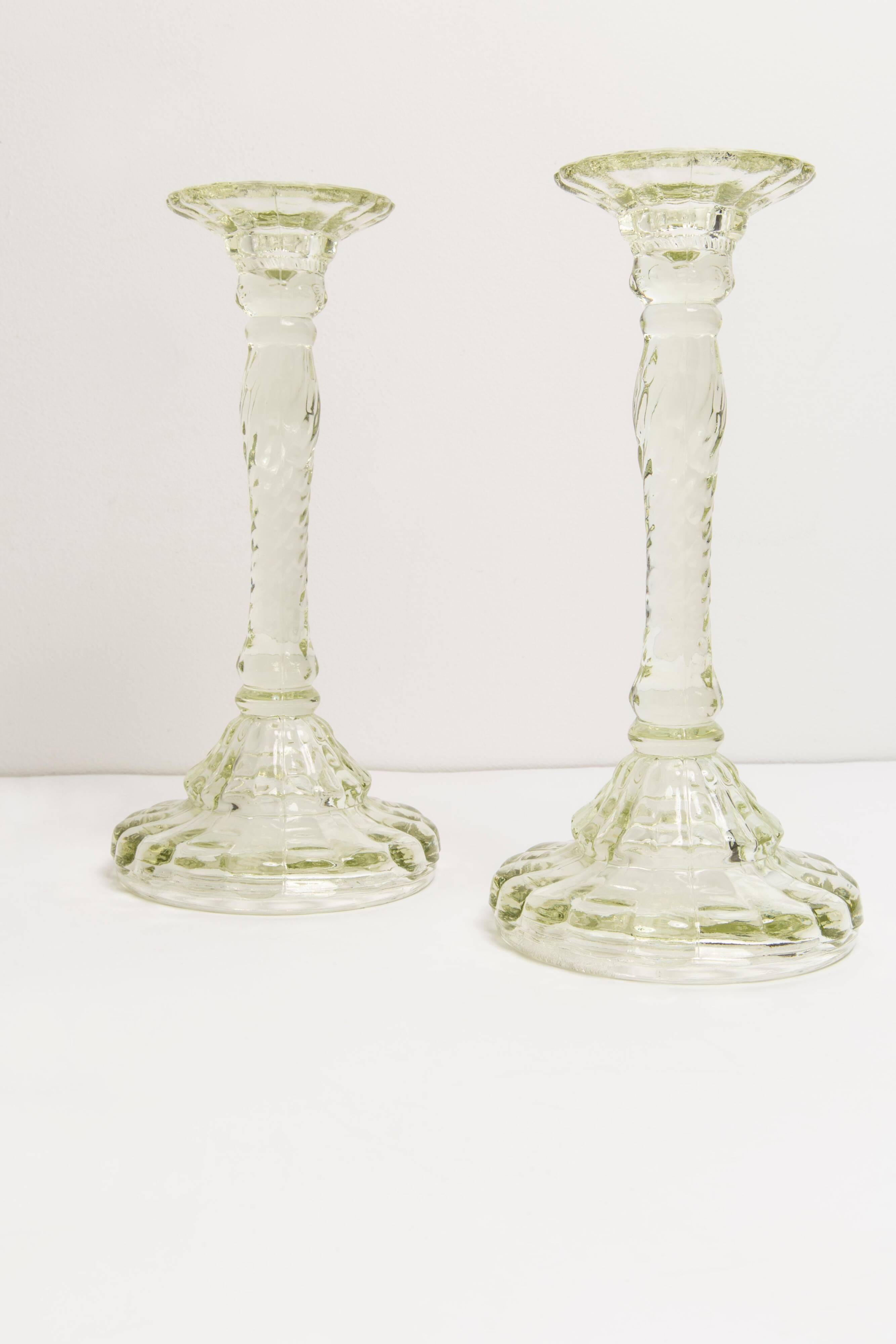 Set of two light green glass candlesticks from the mid-century, Europe, 1960s.