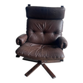 Fauteuil lounge pivotant vintage scandinave en cuir, années 1970