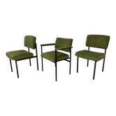 2 chairs and 1 office armchair from the 1950s in green velvet and black metal.