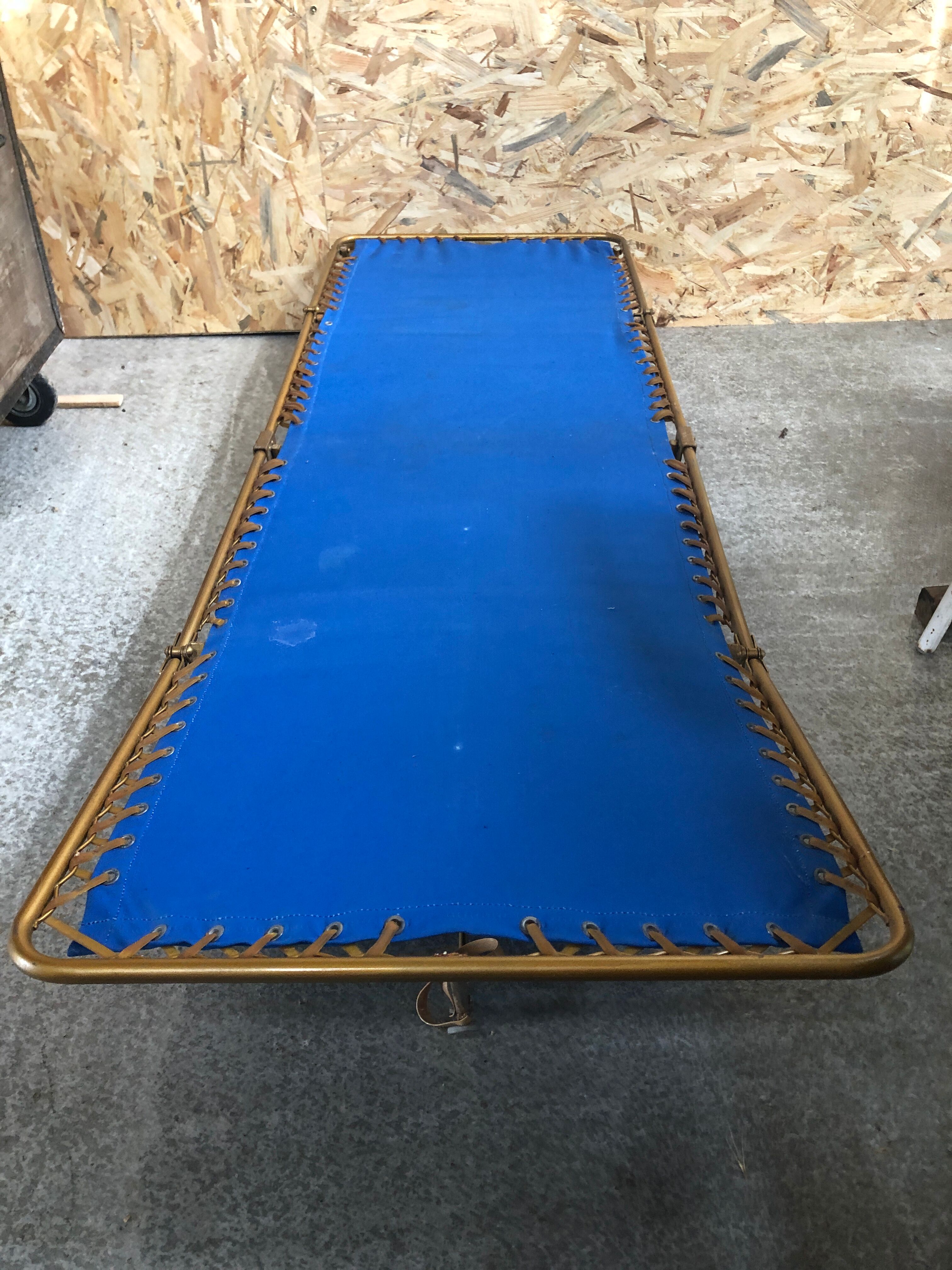 Old folding bed chantazur lafuma metal + fabric blue head adjustable vintage