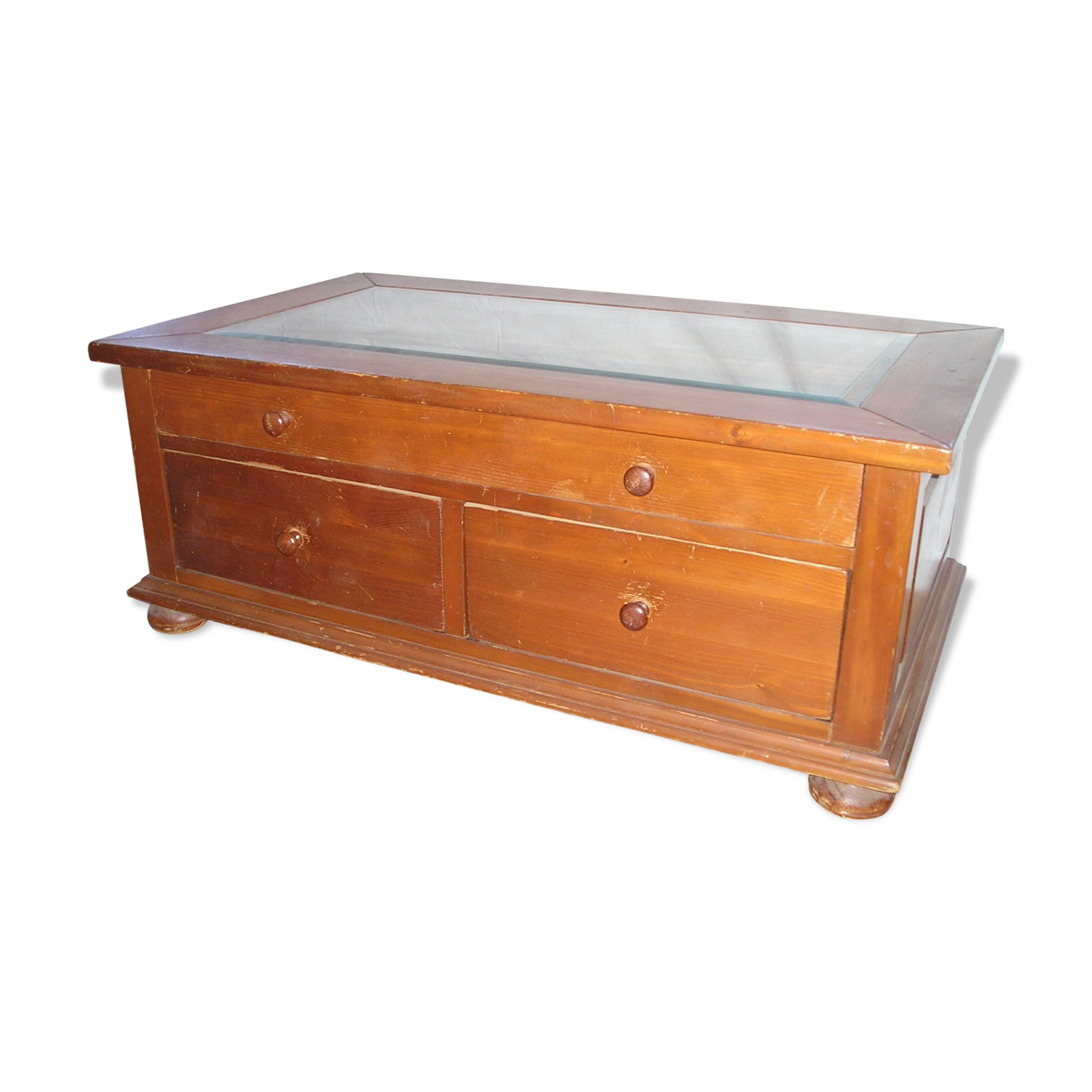 Coffee table top beveled glass and 3 drawers through