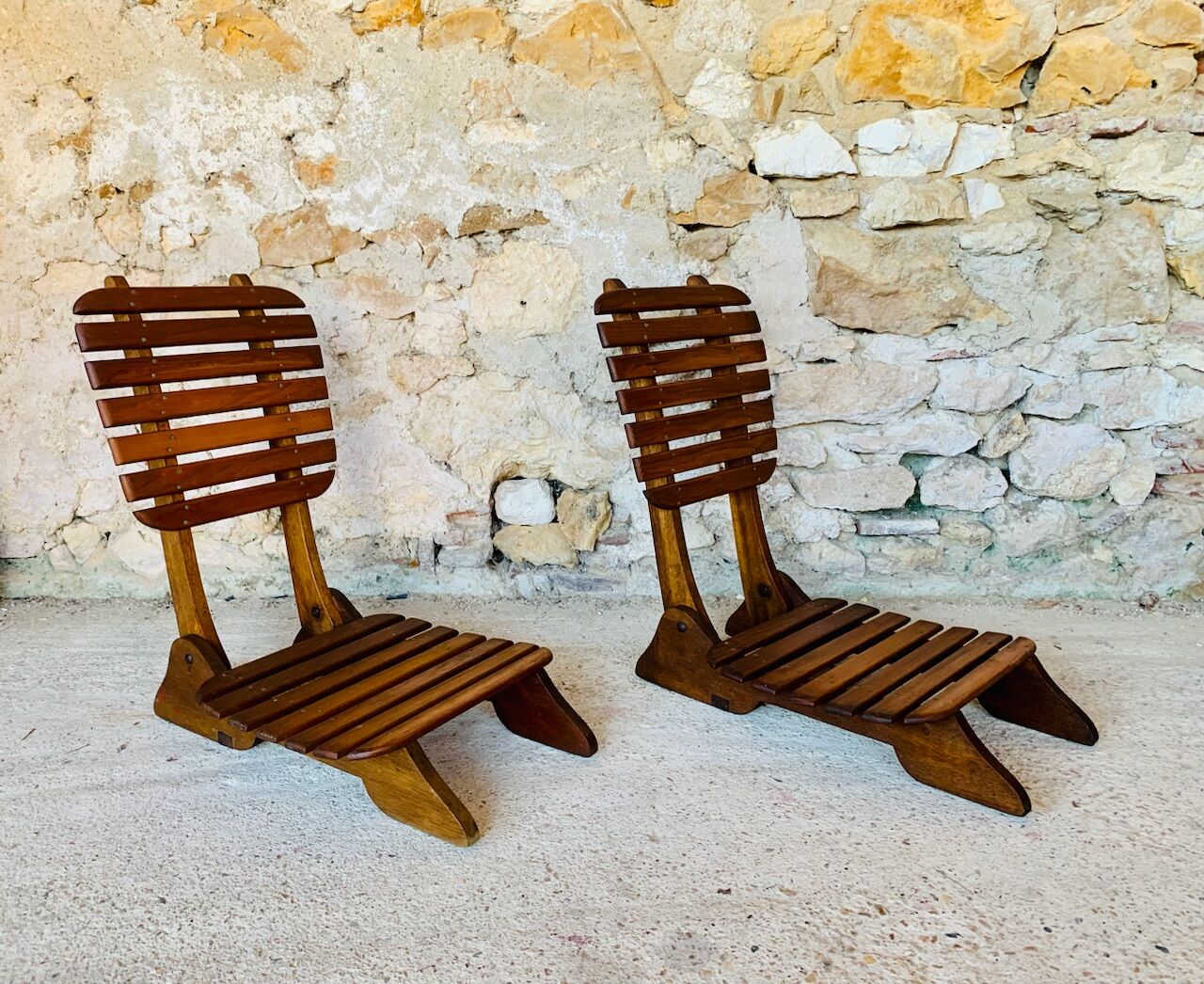 Pair of vintage folding chairs with slats, 1950-1960