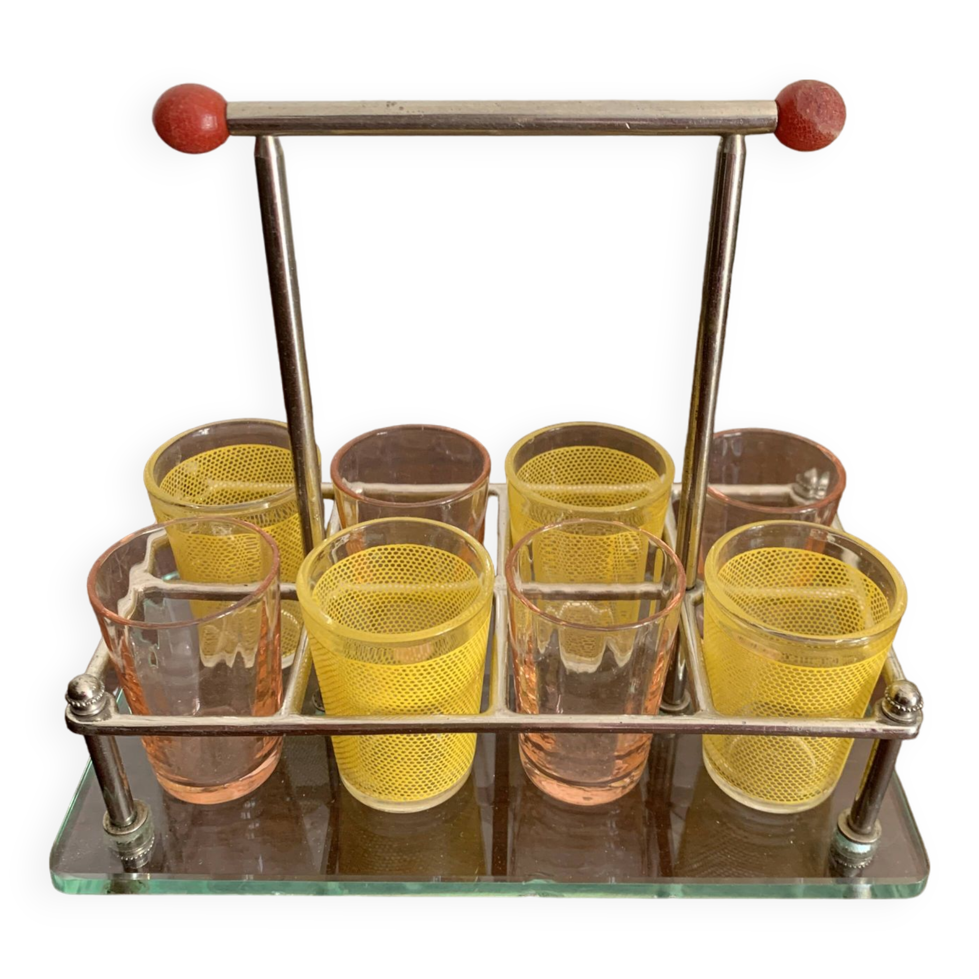 set of six digestive glasses with glass and metal tray