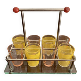 set of six digestive glasses with glass and metal tray