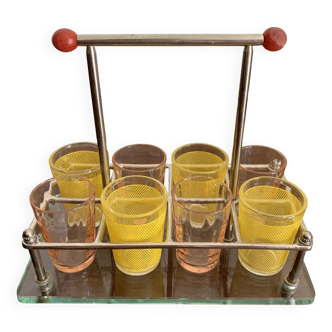 set of six digestive glasses with glass and metal tray