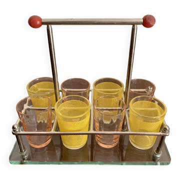 lot de six verres digestifs avec plateau verre et métal