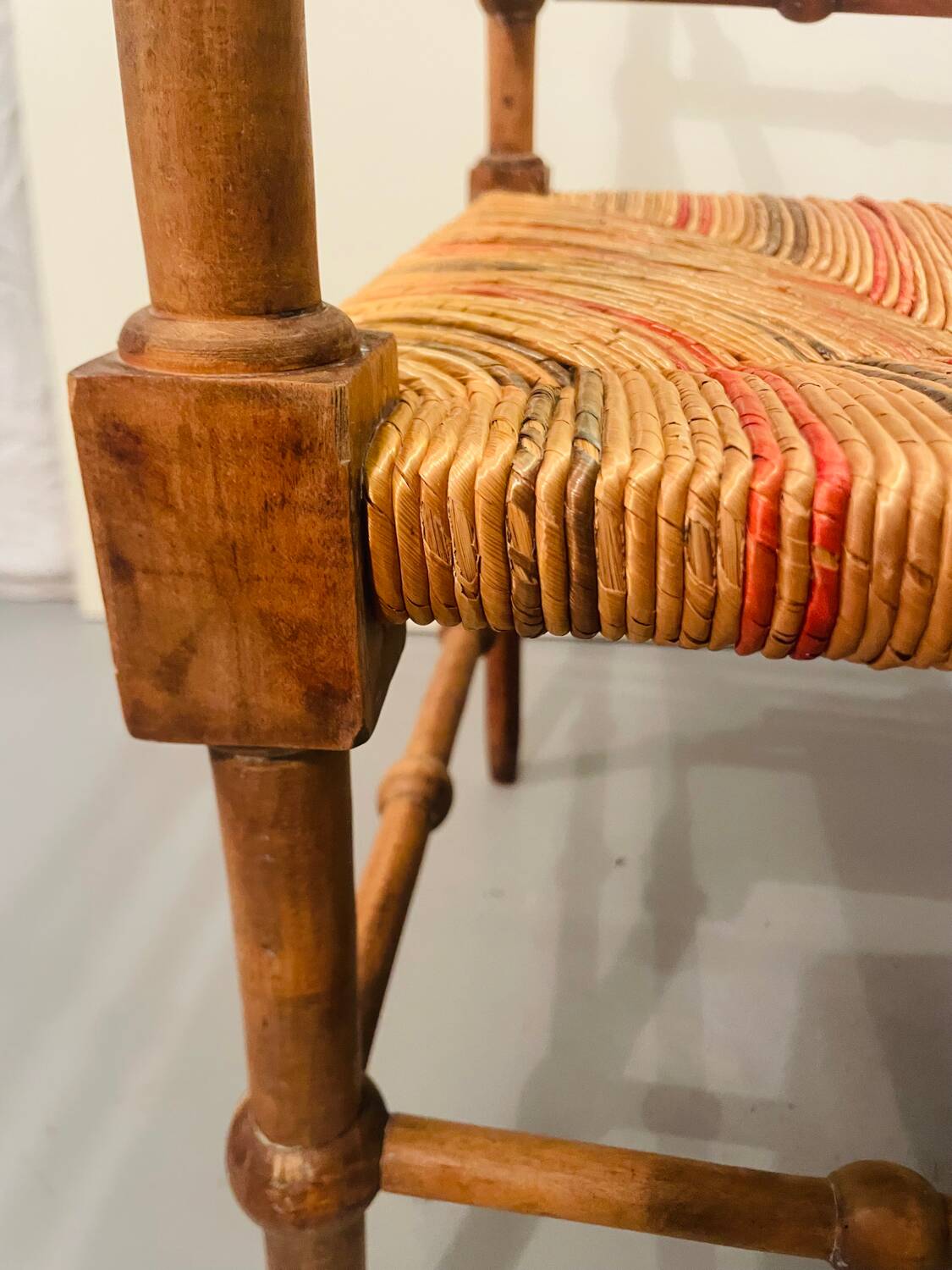 Vintage Art Deco wood and straw corner chair, 1930s