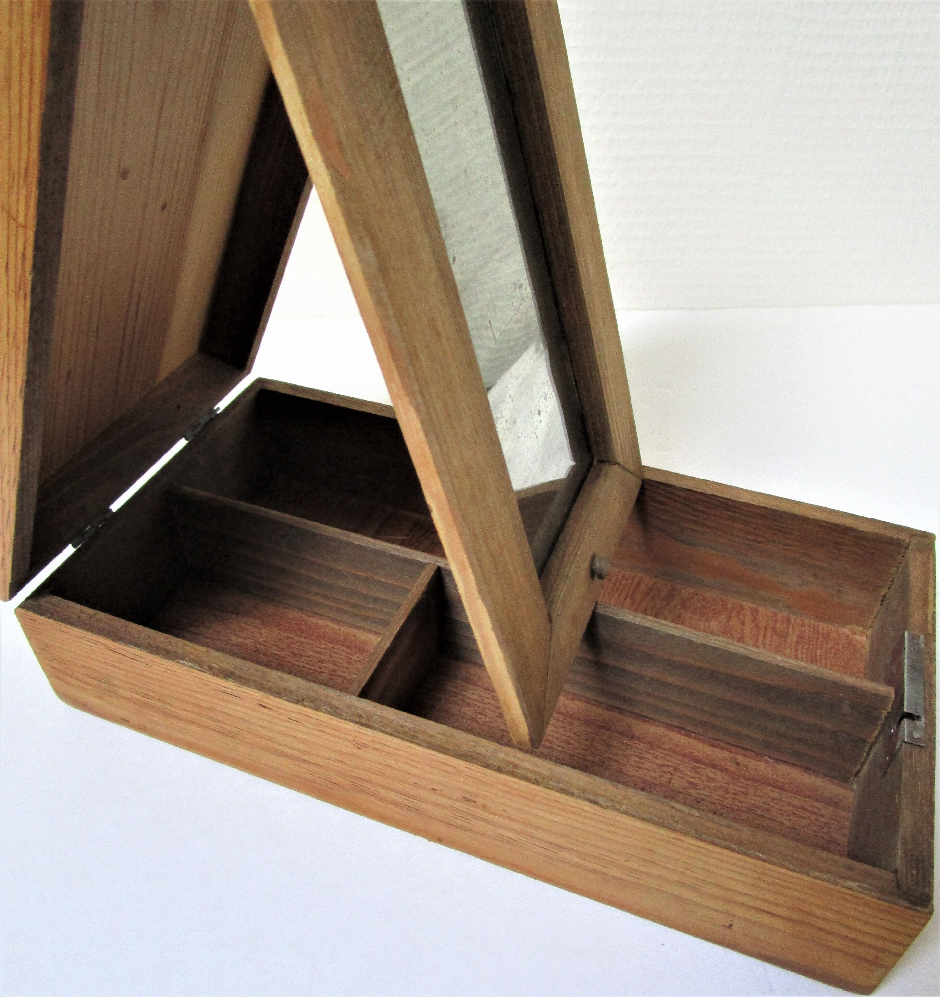Wooden jewel box with patinated mirror early 20th century
