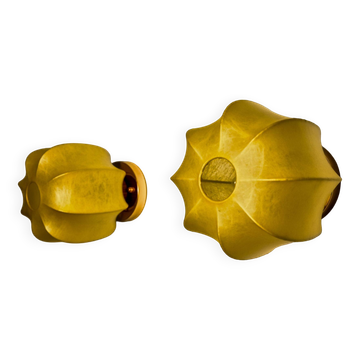 Pair of circular "cocoon" wall lights, resin and pine, Italy, 1970