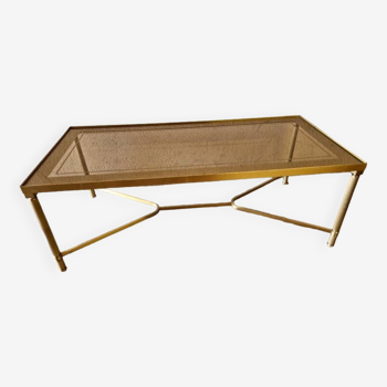 Coffee table in gilded brass and glass - rectangular top, spacer in x - design 1970