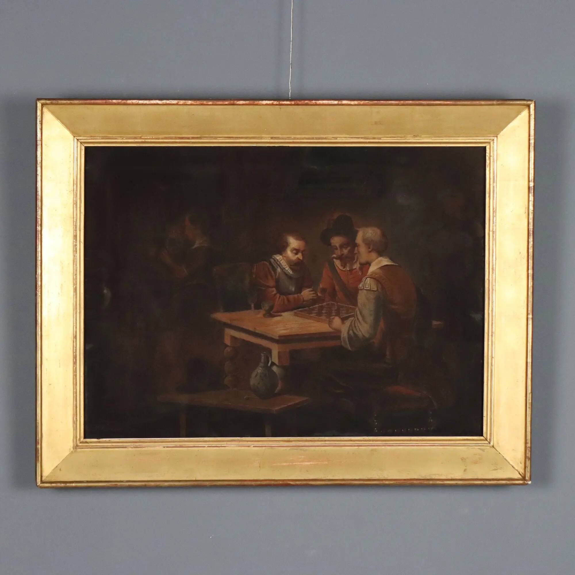 Old painting "The Chess Players" in pencil on paper, 19th century.