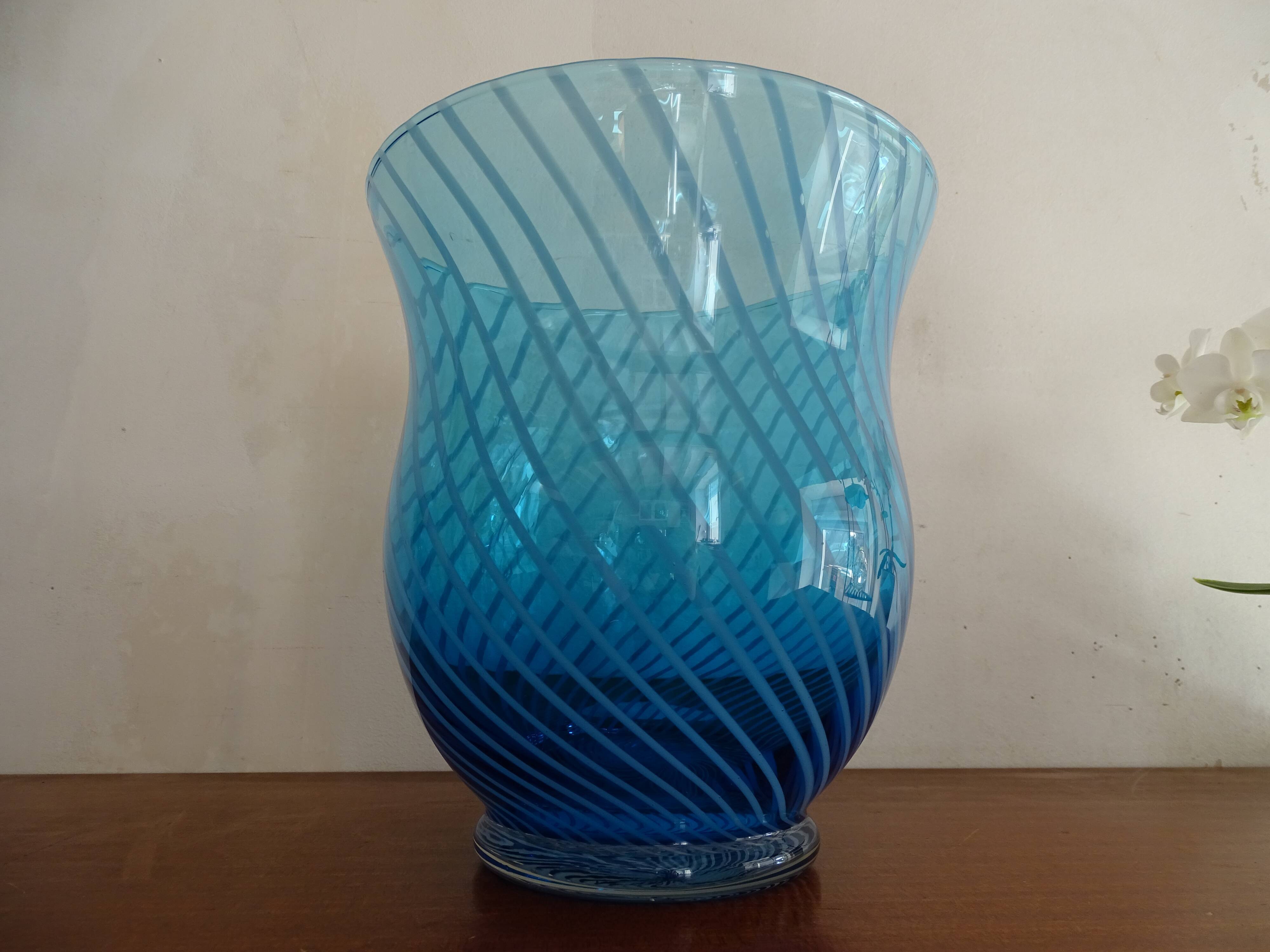 Blue spiral blown glass vase