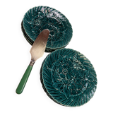 Set of 10 green earthenware dessert plates with a finely embossed floral pattern