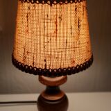 Bedside lamp wooden foot, clip jute lampshade, seventies