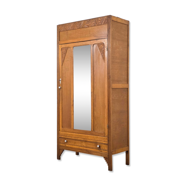 Armoire Art déco en bois sculpté avec miroir années 1930