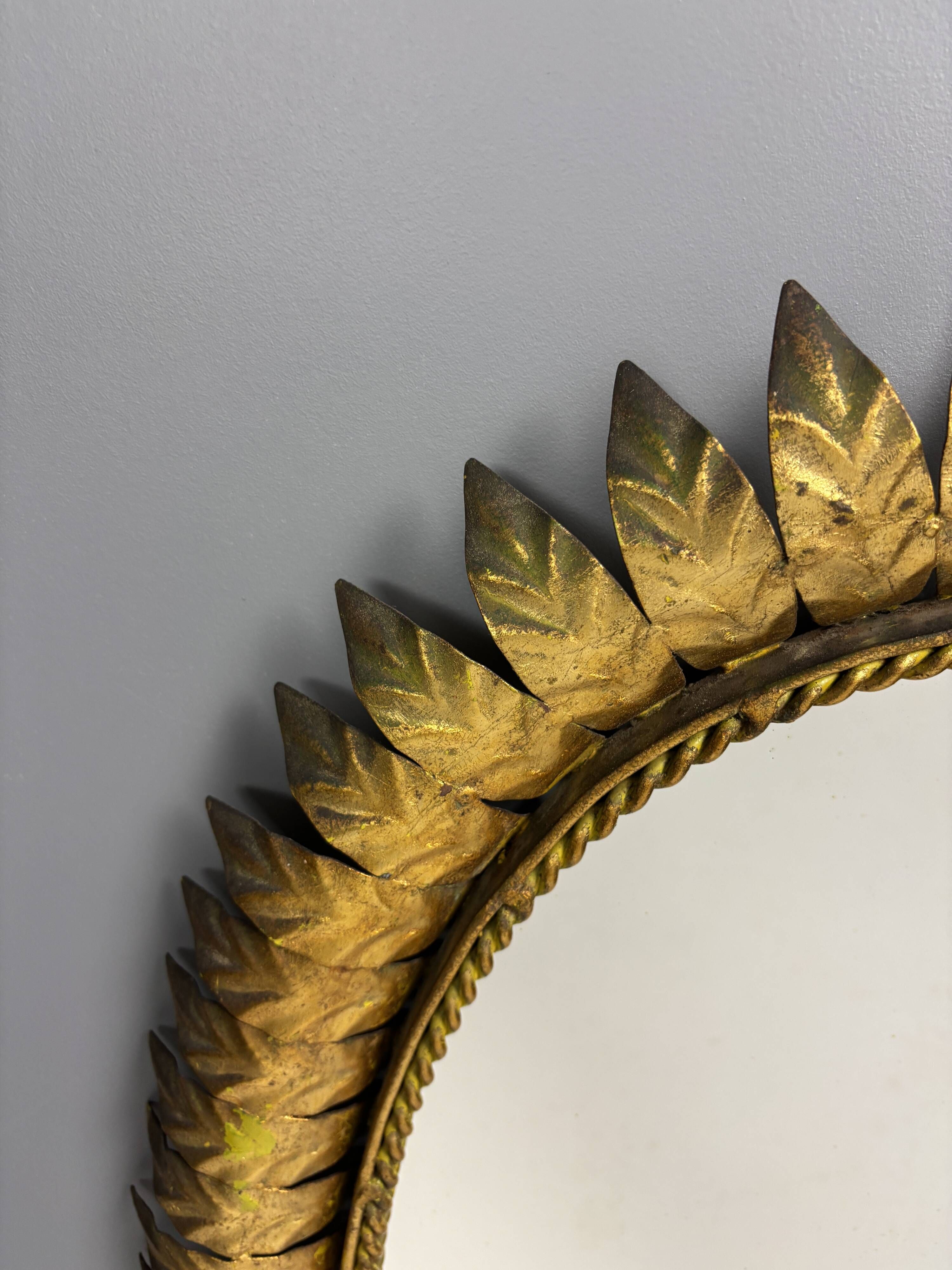 Midcentury bohemian hollywood regency spanish gilt metal sun mirror, 1960s