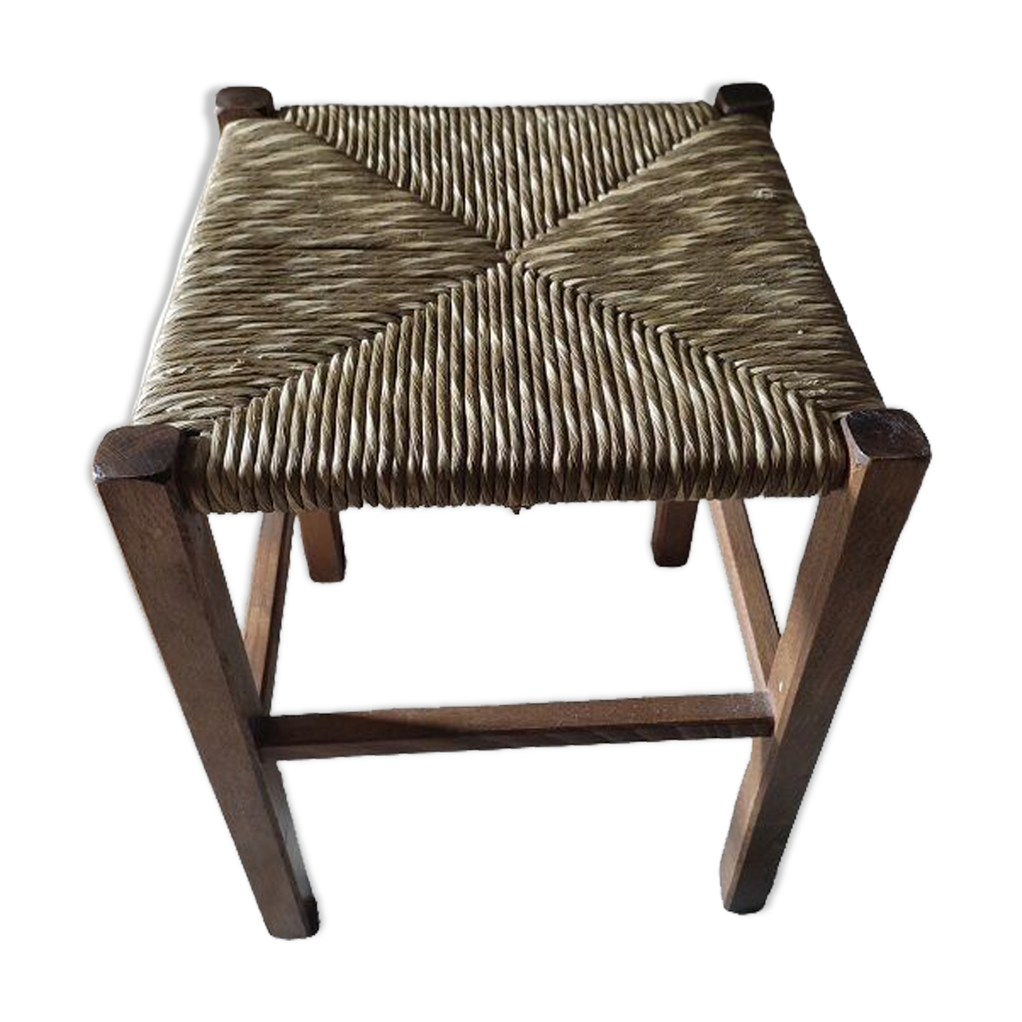Stool solid wood seat straw feet patinated dp 0922131