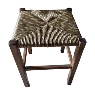 Stool solid wood seat straw feet patinated dp 0922131