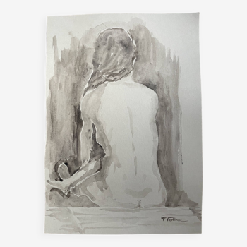 Tableau signé aquarelle monochrome sépia portrait nu féminin assis de dos