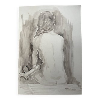 Tableau signé aquarelle monochrome sépia portrait nu féminin assis de dos