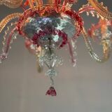 Venetian chandelier in colorless and red Murano glass, 5 light arms, circa 1950
