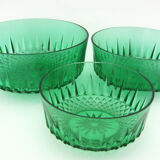 3 glass bowls soaked emerald green - Arcoroc France - vintage 60s