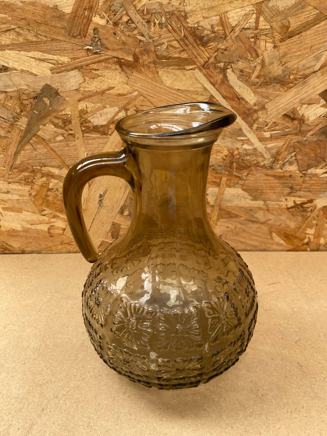 Antique Pitcher Carafe Molded Glass Smoked Grey Flower Decor Relief Vintage