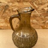 Antique Pitcher Carafe Molded Glass Smoked Grey Flower Decor Relief Vintage