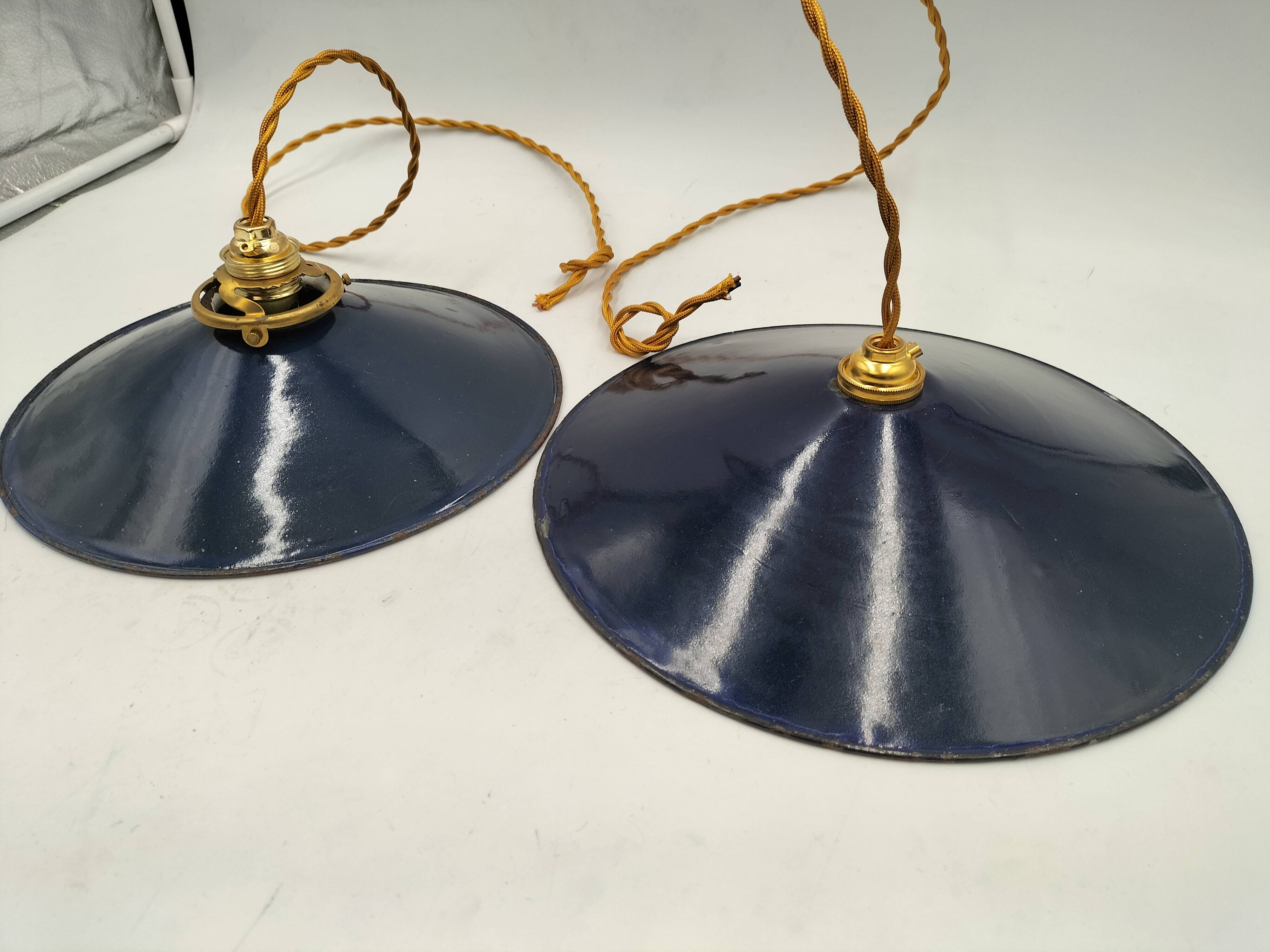 Blue enameled sheet metal pendant lights