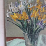 Oil painting on canvas bouquet of iris signed and side