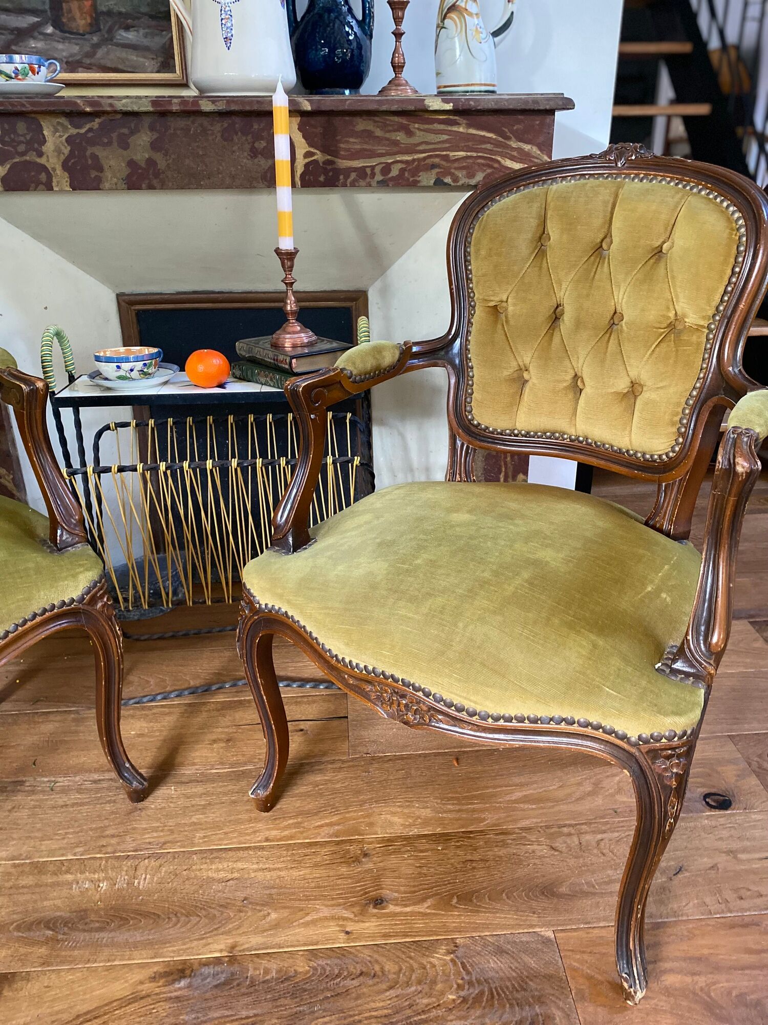 Cabriolets or Bergère armchairs Louis XV style in light green upholstered velvet