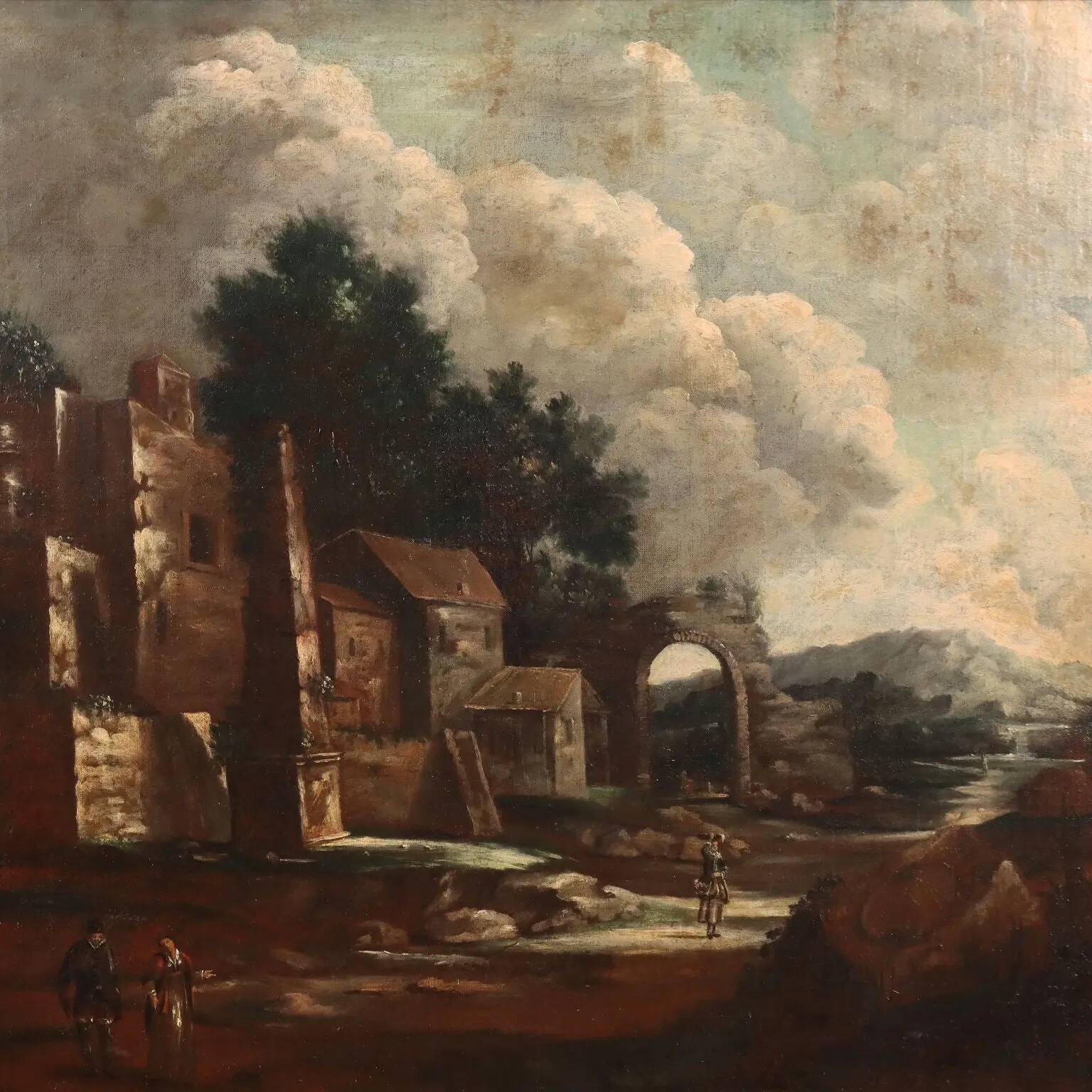 Old painting of landscape and figures, oil on canvas, 18th century.