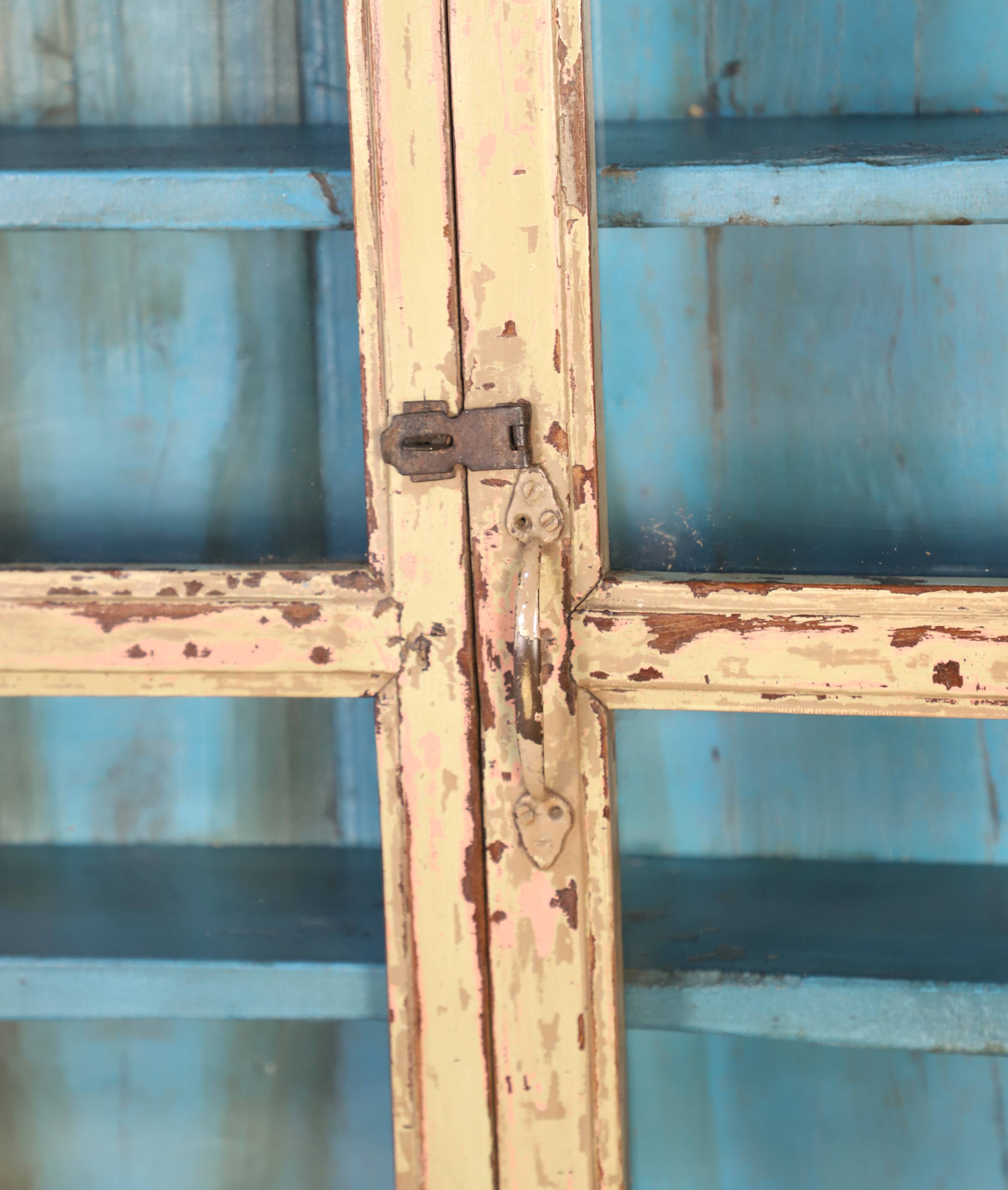Burmese teak showcase with original beige & blue patina