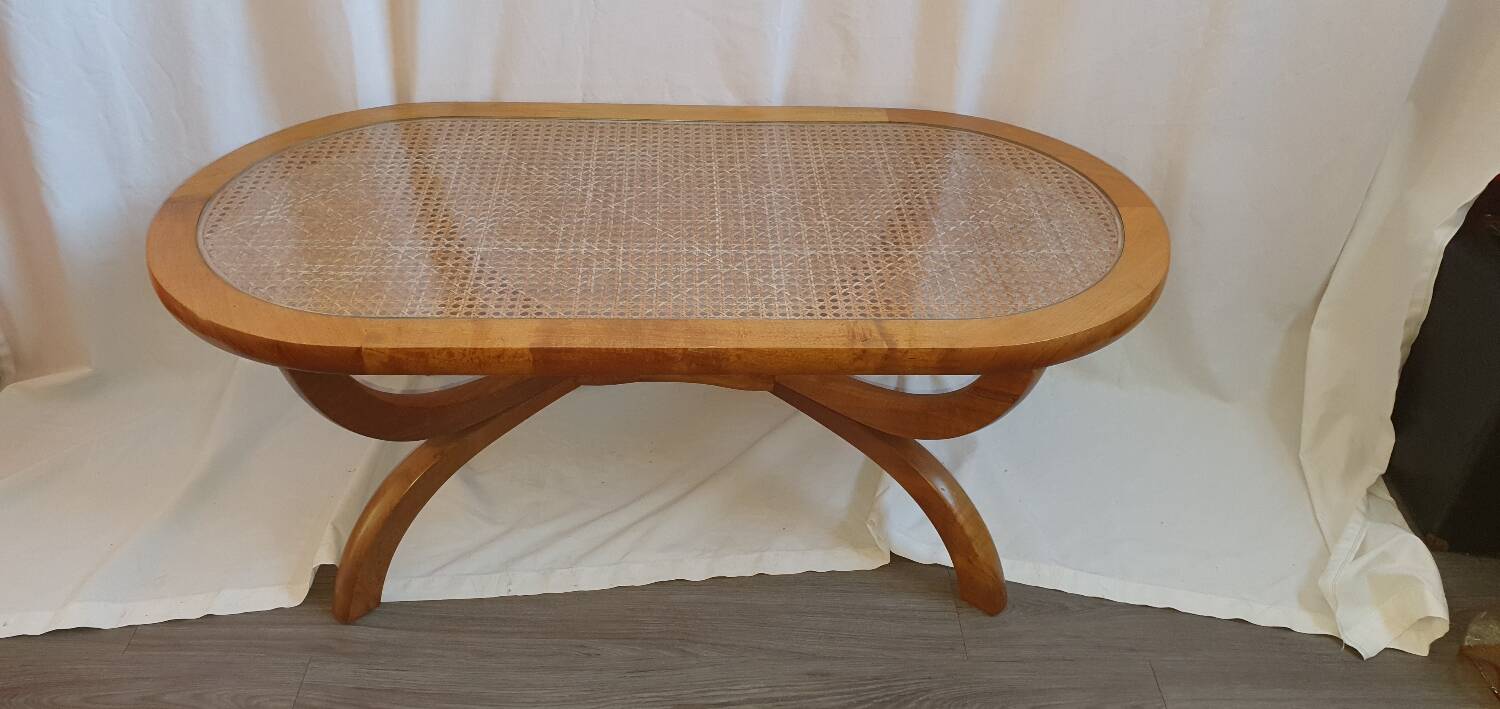 Coffee table from Réunion Island, tamarind wood and rattan.