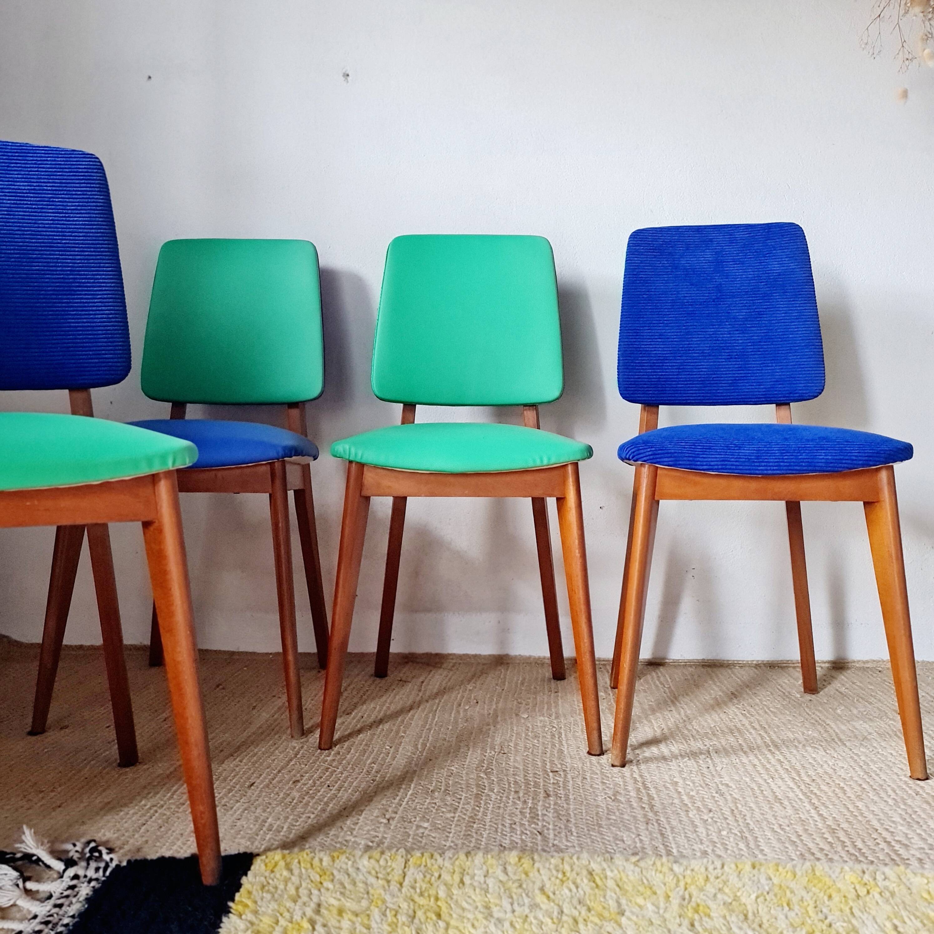 Series of velvet Scandinavian chairs - green and blue.