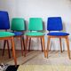 Series of velvet Scandinavian chairs - green and blue.