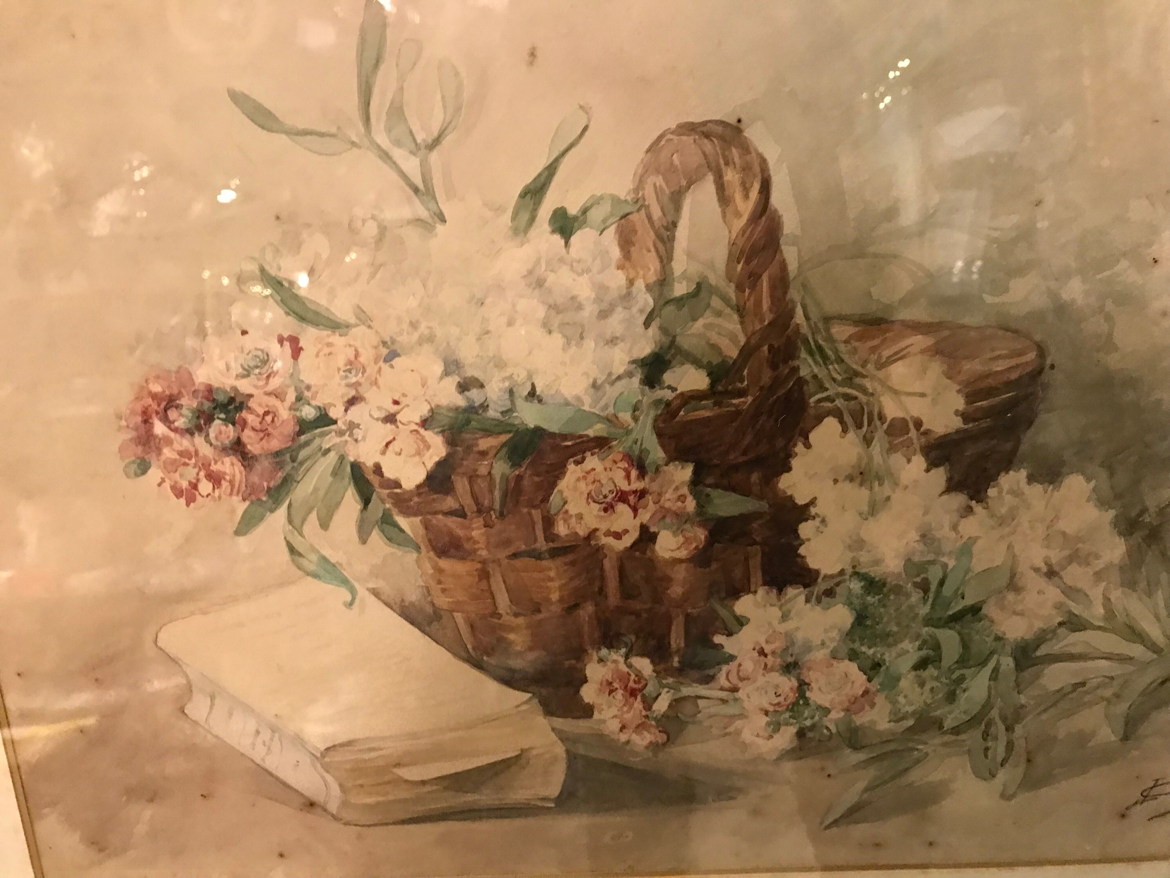 Basket of flowers watercolor painting - still life signed jeanne fabre cottave early twentieth