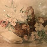 Basket of flowers watercolor painting - still life signed jeanne fabre cottave early twentieth