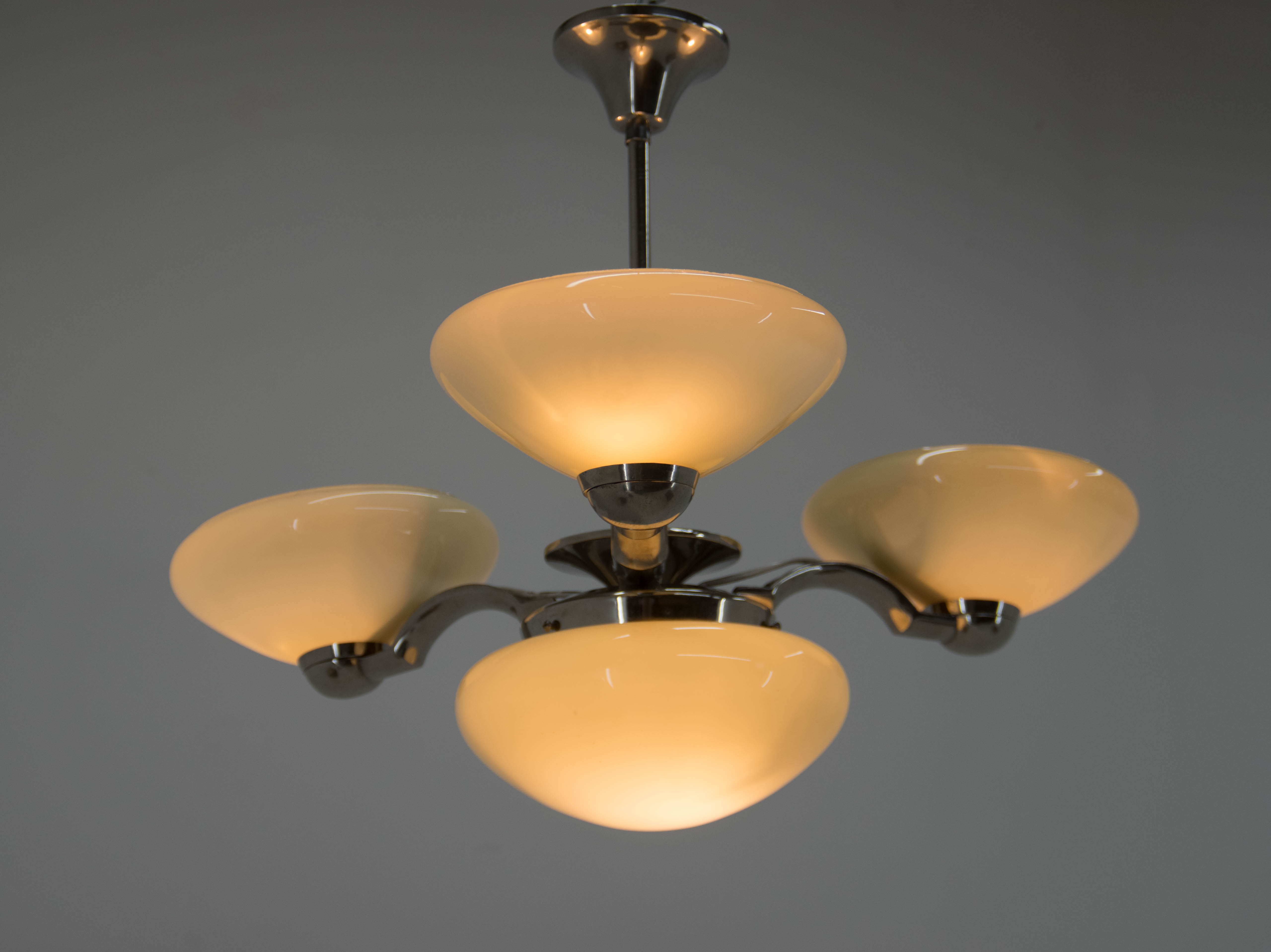Art deco nickel and glass chandelier, 1930s