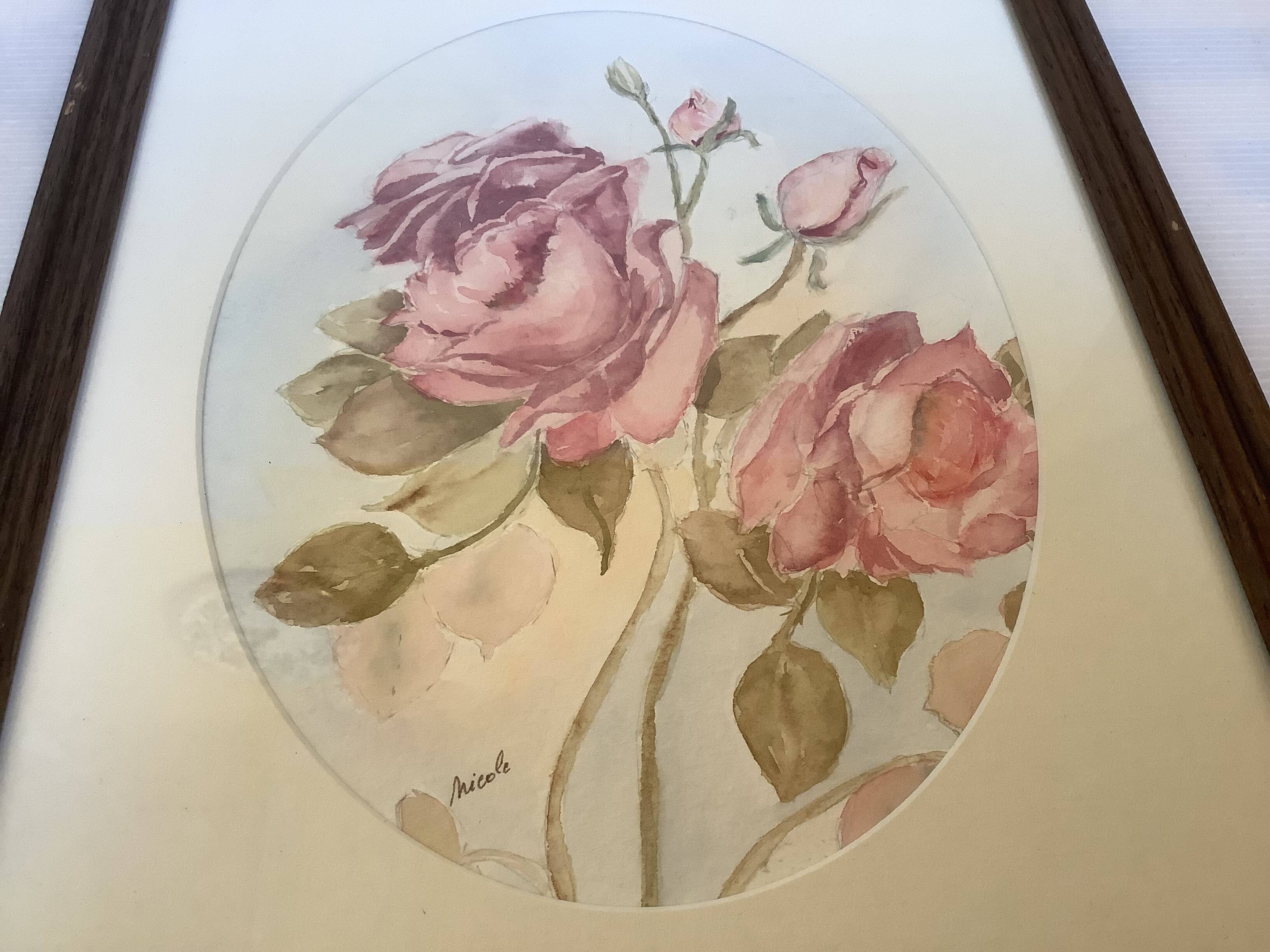 Tableau bouquet de roses aquarelle signée