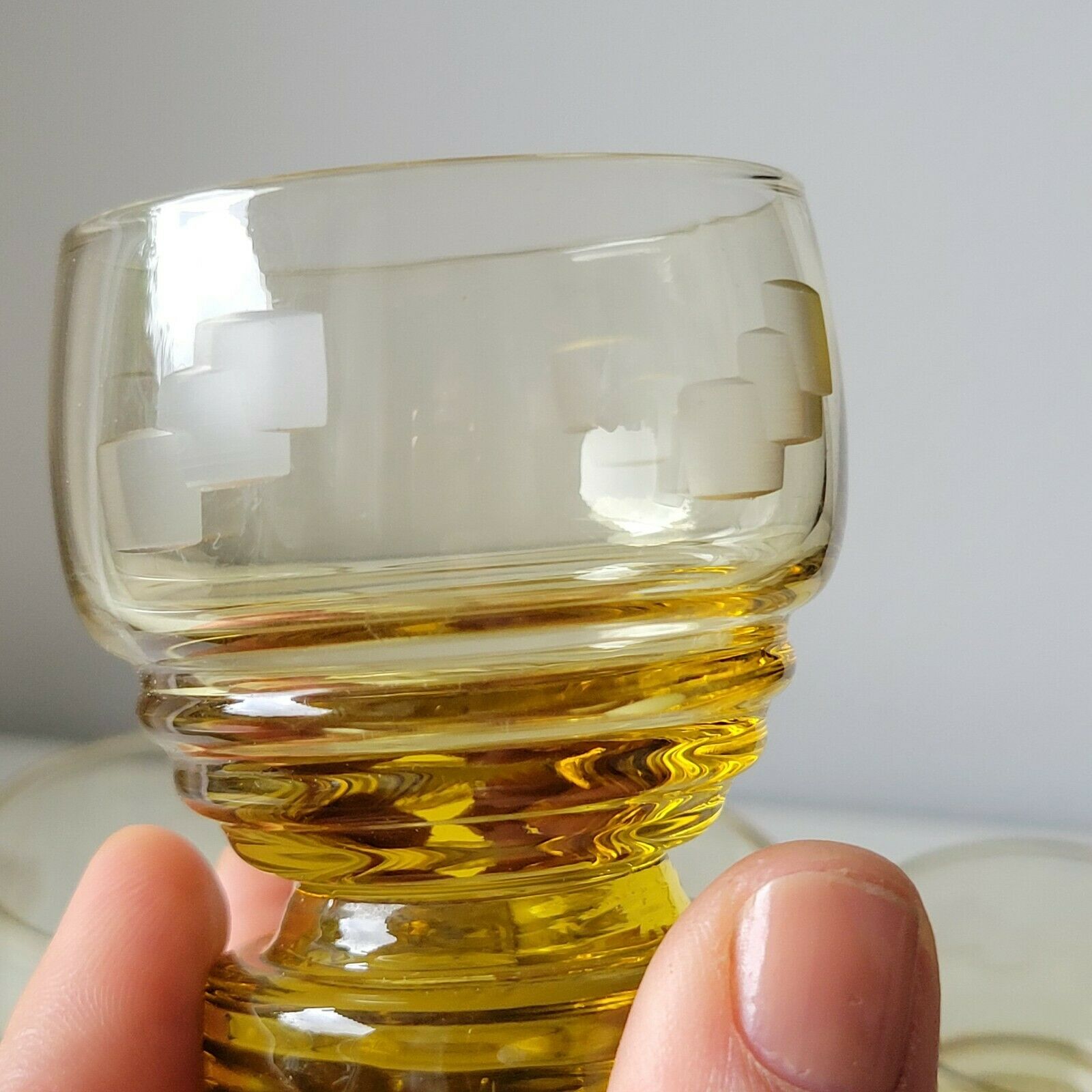 6 old art deco yellow cut glass liqueur glasses
