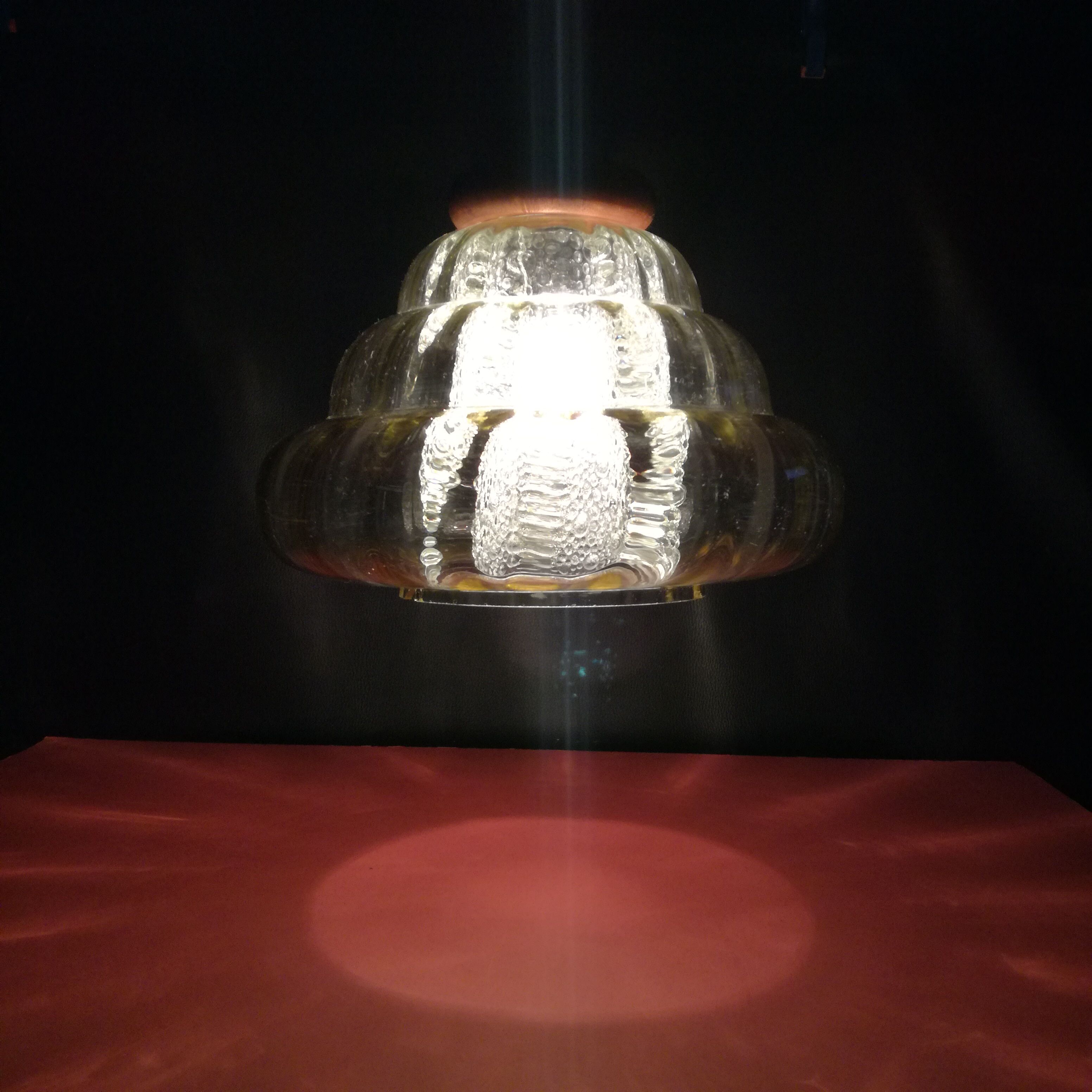 Scandinavian-style pendant lamp in glass and wood, 1970